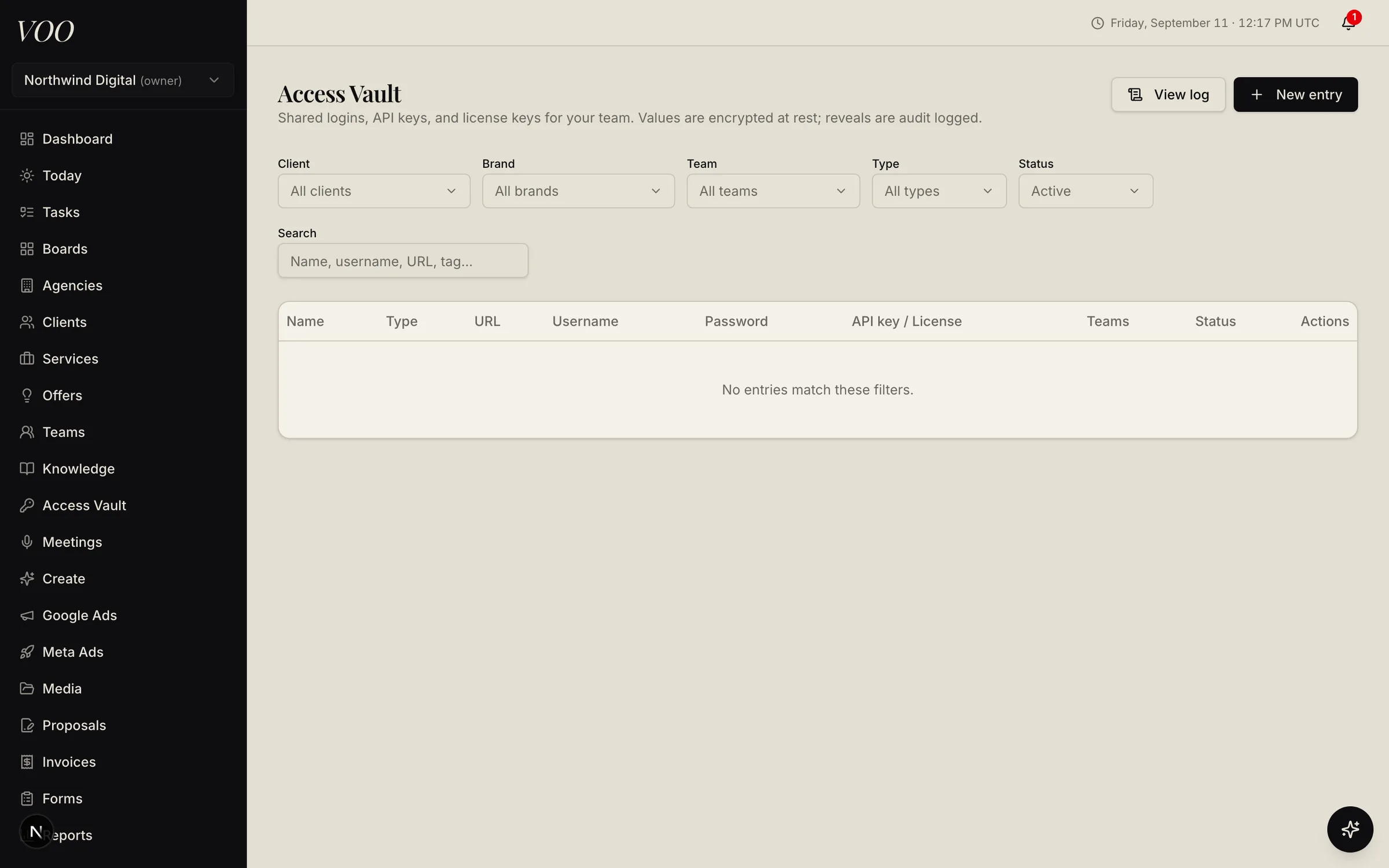 Voo Access Vault filtered by client, brand, team, type, and status