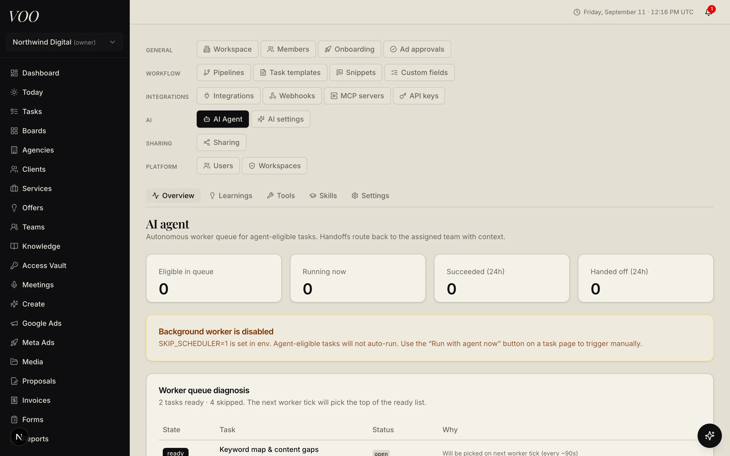 Voo AI agent settings showing the worker queue, run counts, and a queue diagnosis table