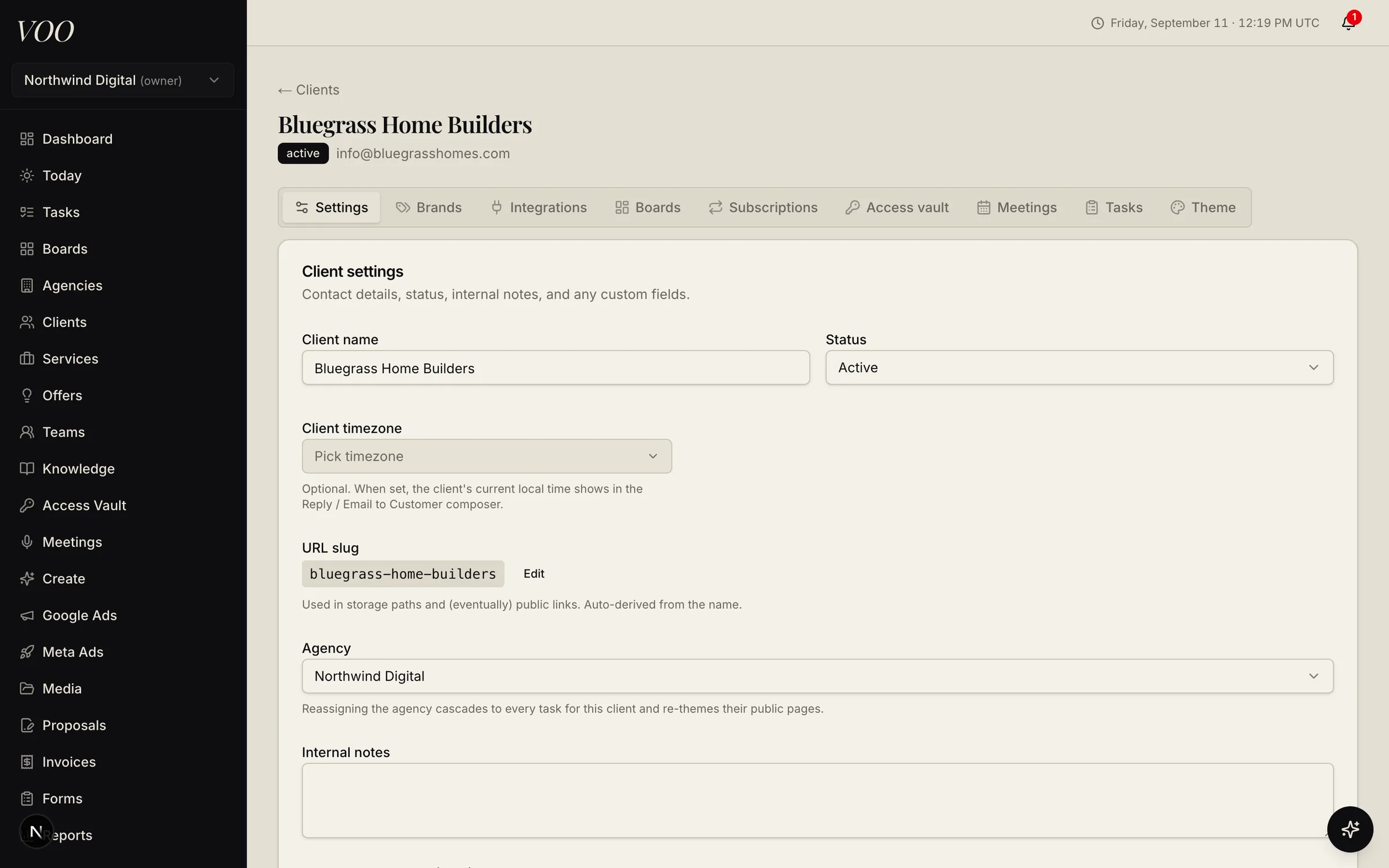 A client record in Voo showing settings, brands, integrations, boards, subscriptions, and tasks tabs