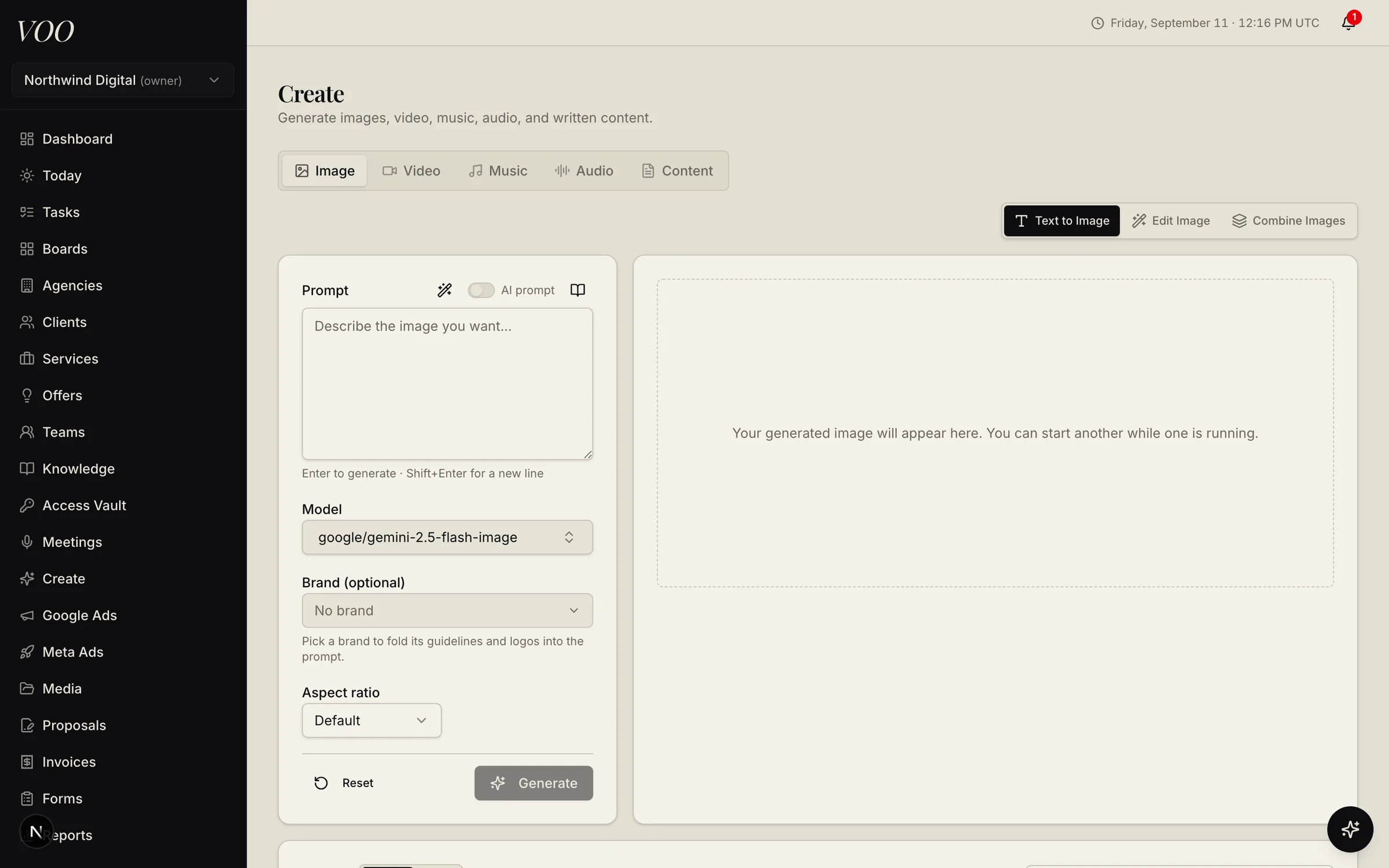 Voo Create studio with image, video, music, audio, and content tabs and a prompt panel
