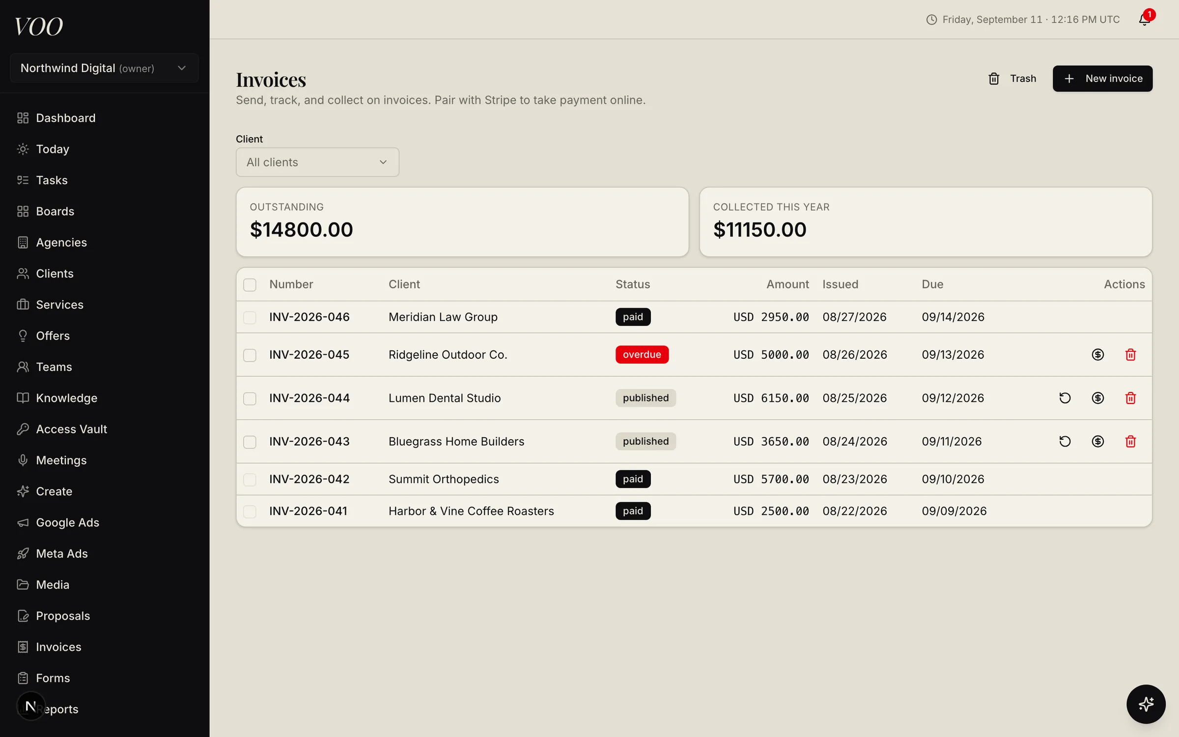 Voo invoices list with outstanding and collected totals and paid, published, and overdue statuses