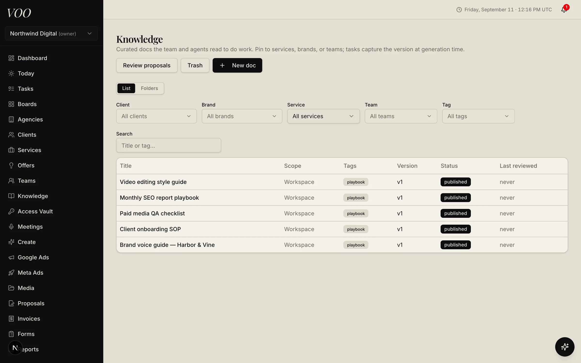 Voo knowledge base listing published playbooks with scope, tags, and version