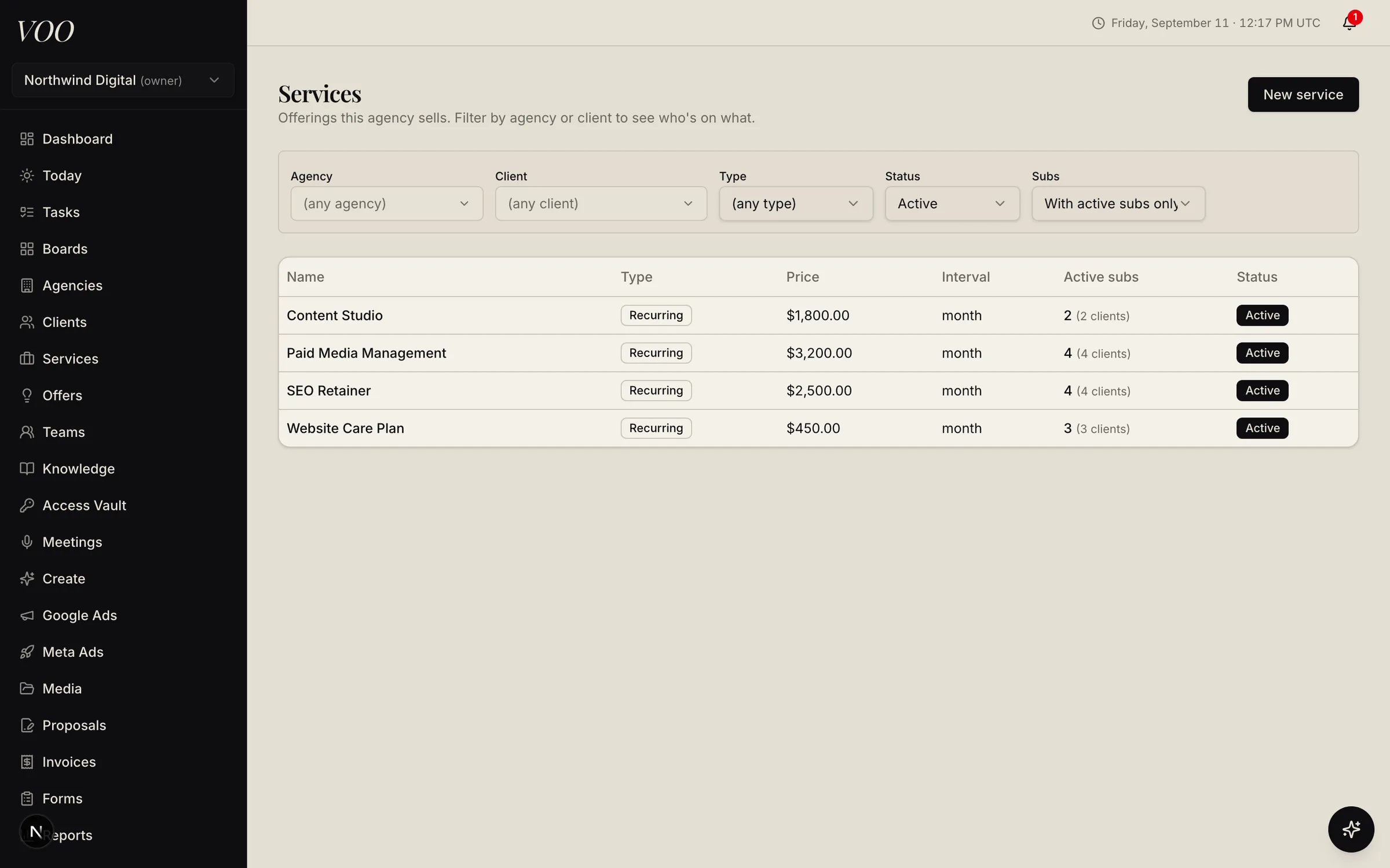 Voo services catalog with recurring services, prices, intervals, and active subscription counts