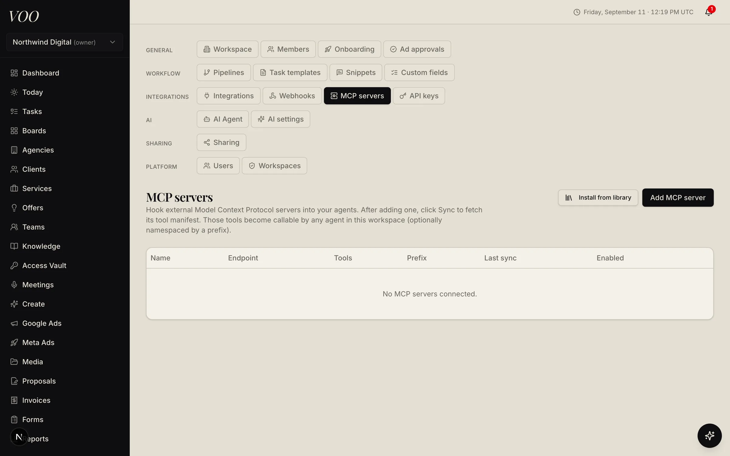 Voo settings page for MCP servers with install-from-library and add-server actions