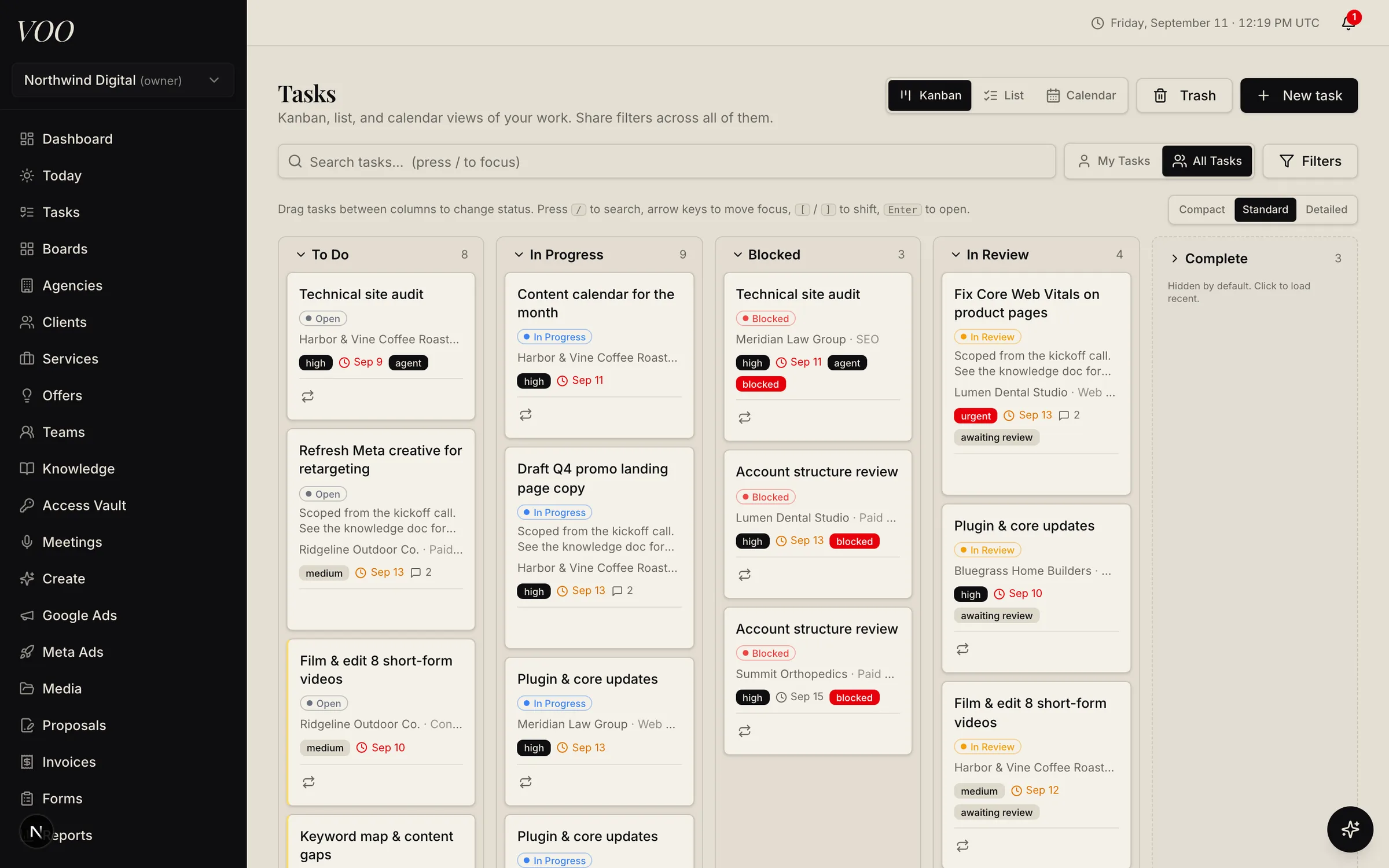 Voo kanban board with To Do, In Progress, Blocked, In Review, and Complete columns holding client tasks